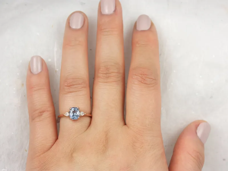 1.67ct Ready to Ship Petite Ellis 14kt Rose Gold Cornflower Blue Sapphire Diamond Elongated Cushion 3 Stone Ring vy 5