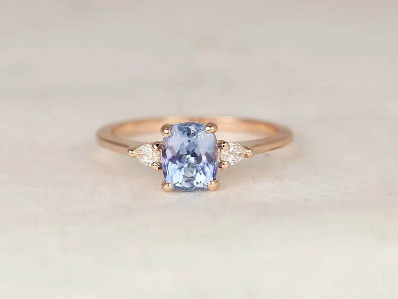 1.67ct Ready to Ship Petite Ellis 14kt Rose Gold Cornflower Blue Sapphire Diamond Elongated Cushion 3 Stone Ring vy 2