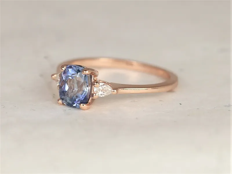 1.67ct Ready to Ship Petite Ellis 14kt Rose Gold Cornflower Blue Sapphire Diamond Elongated Cushion 3 Stone Ring vy 3