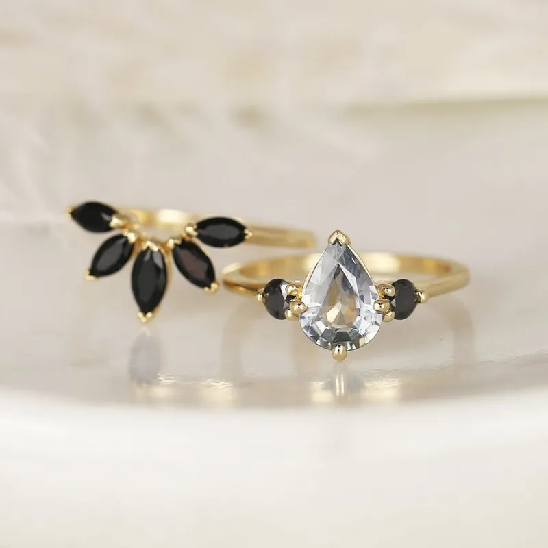 1.58ct Ready to Ship Petite Greta 14kt Gold Cornflower Blue Sapphire Black Diamond Pear Round 3 Stone Dainty Engagement Ring view 2