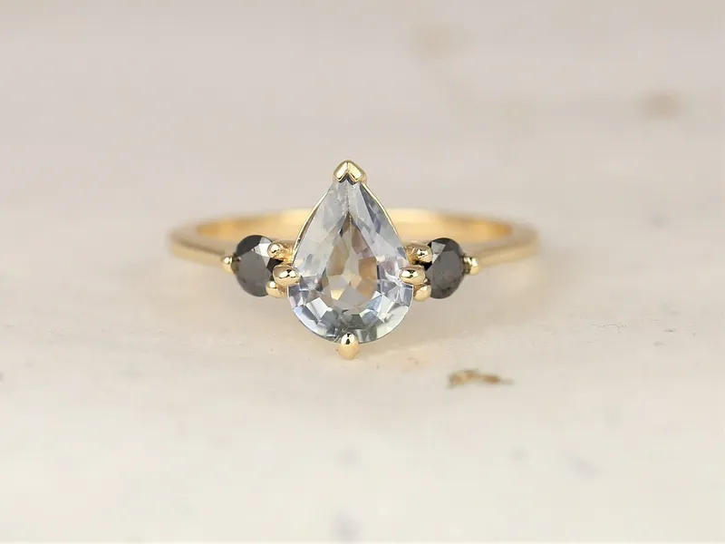 1.58ct Ready to Ship Petite Greta 14kt Gold Cornflower Blue Sapphire Black Diamond Pear Round 3 Stone Dainty Engagement Ring view 3
