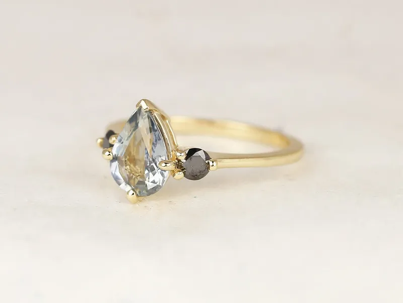1.58ct Ready to Ship Petite Greta 14kt Gold Cornflower Blue Sapphire Black Diamond Pear Round 3 Stone Dainty Engagement Ring view 5