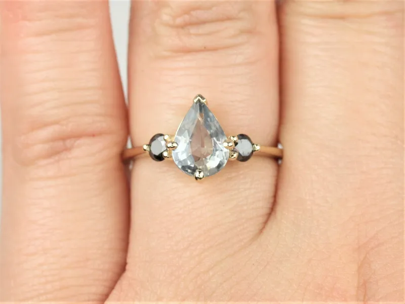 1.58ct Ready to Ship Petite Greta 14kt Gold Cornflower Blue Sapphire Black Diamond Pear Round 3 Stone Dainty Engagement Ring view 6