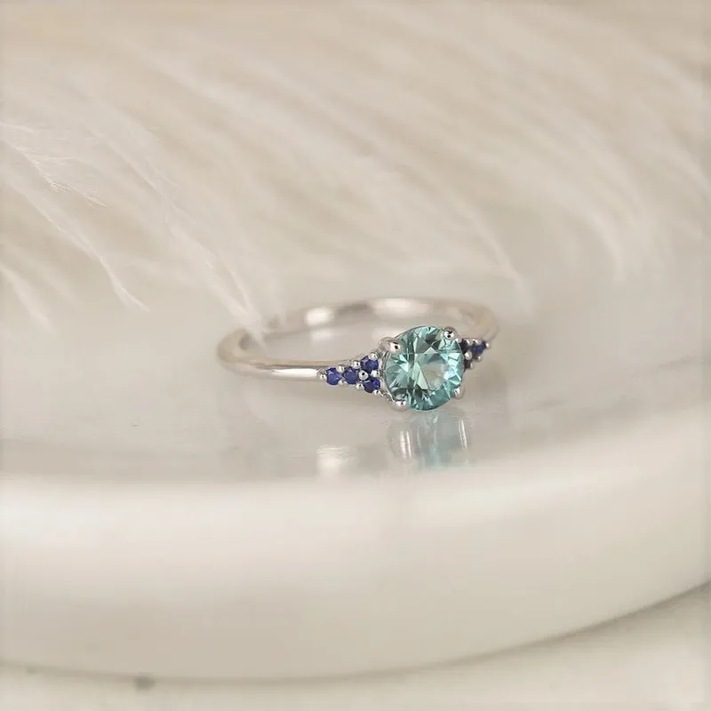 1.21ct Ready to Ship Malia 14kt White Gold Teal Zircon Blue Sapphire Cluster Ring vy 2
