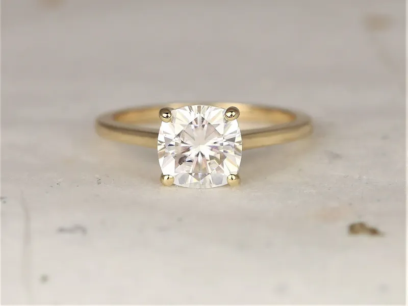 2ct Delta 7.5mm 14kt Gold Moissanite Minimalist Cathedral Cushion Solitaire Ring vy 4