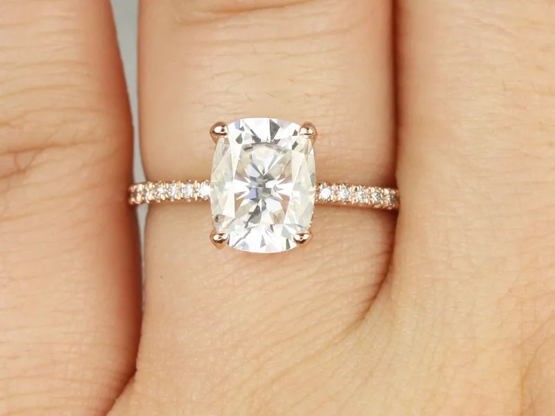 2.30ct EXTRA LOW Talia 9x7mm 14kt Rose Gold Moissanite Diamond Elongated Cushion Solitaire Ring view 3