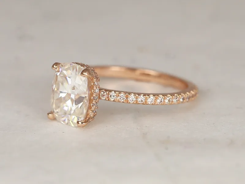 2.30ct EXTRA LOW Talia 9x7mm 14kt Rose Gold Moissanite Diamond Elongated Cushion Solitaire Ring diamond cushion cut engagement ring