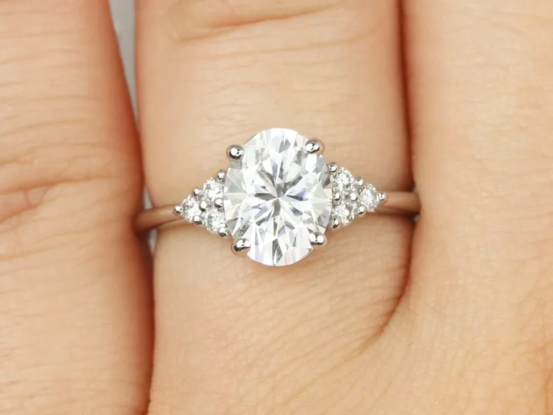 2ct Juniper 9x7mm 14kt Gold Moissanite Diamond Three Stone Oval Cluster Ring diamond oval cut engagement ring