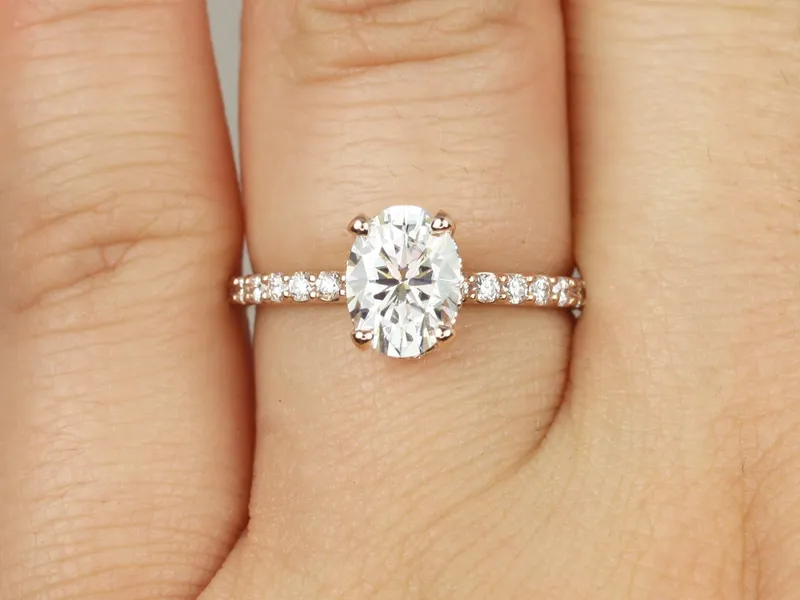 1.50ct Vera 8x6mm 14kt Rose Gold Moissanite Diamond Scarf Oval Halo Solitaire Ring vy 3