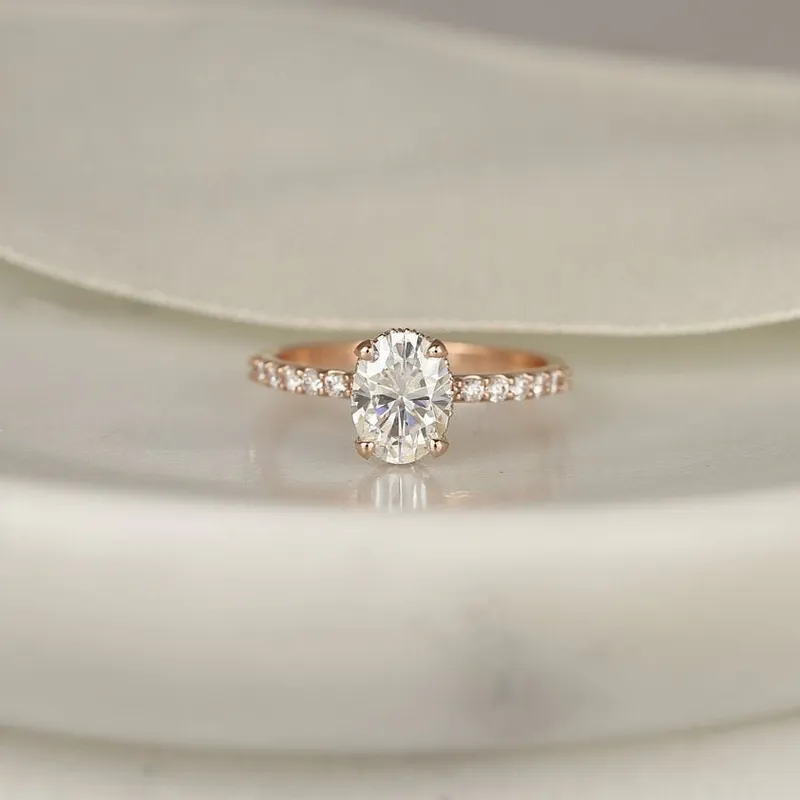 1.50ct Vera 8x6mm 14kt Rose Gold Moissanite Diamond Scarf Oval Halo Solitaire Ring vy 5