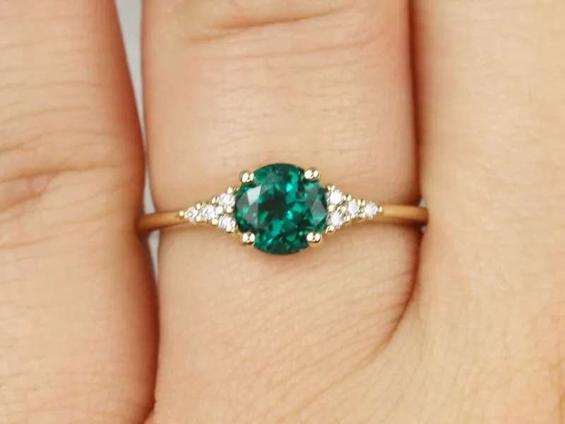 Malia 6mm 14kt Gold Green Emerald Diamond Art Deco Round Cluster Ring vy 4
