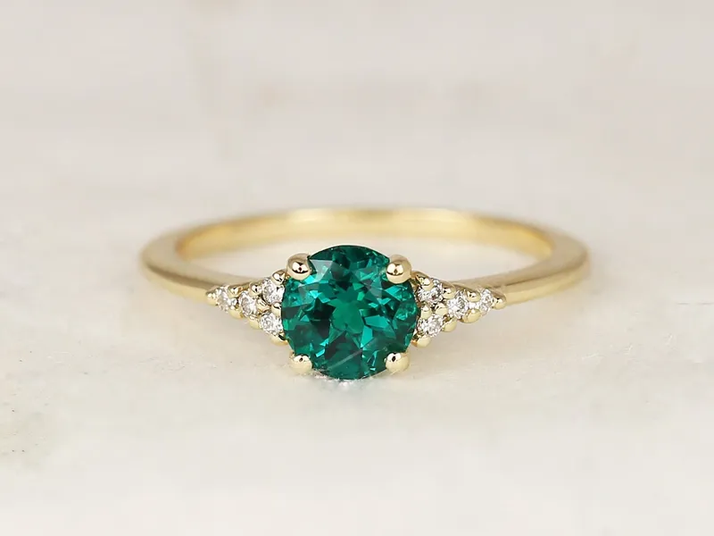 Malia 6mm 14kt Gold Green Emerald Diamond Art Deco Round Cluster Ring blue emerald round cut engagement ring