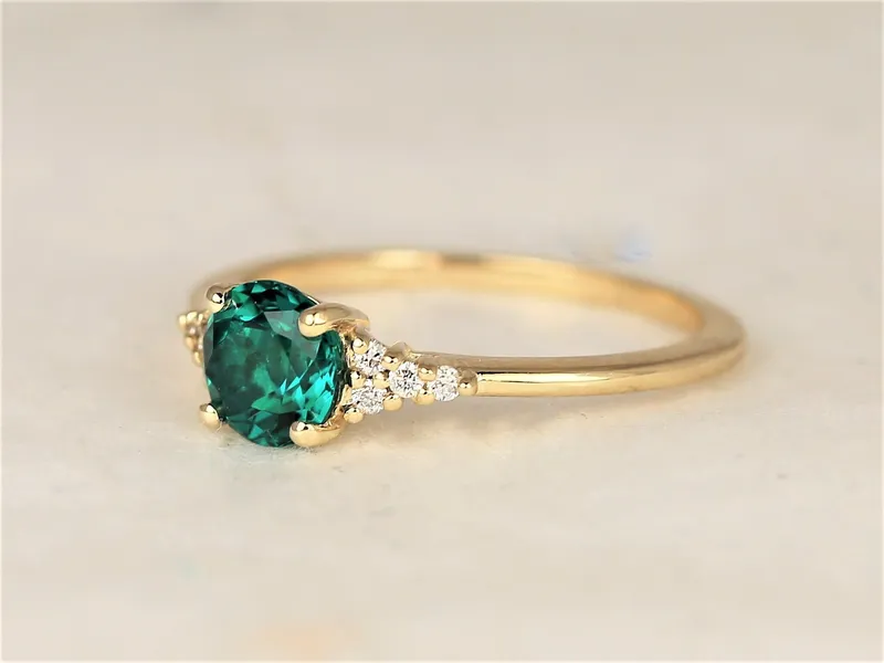 Malia 6mm 14kt Gold Green Emerald Diamond Art Deco Round Cluster Ring vy 2