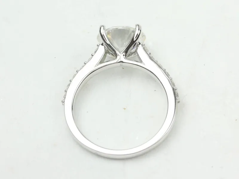 2.70ct Tracy 9mm 14kt White Gold Forever One Moissanite Diamond Minimalist Pave Solitaire Cathedral Round Engagement Ring view 2