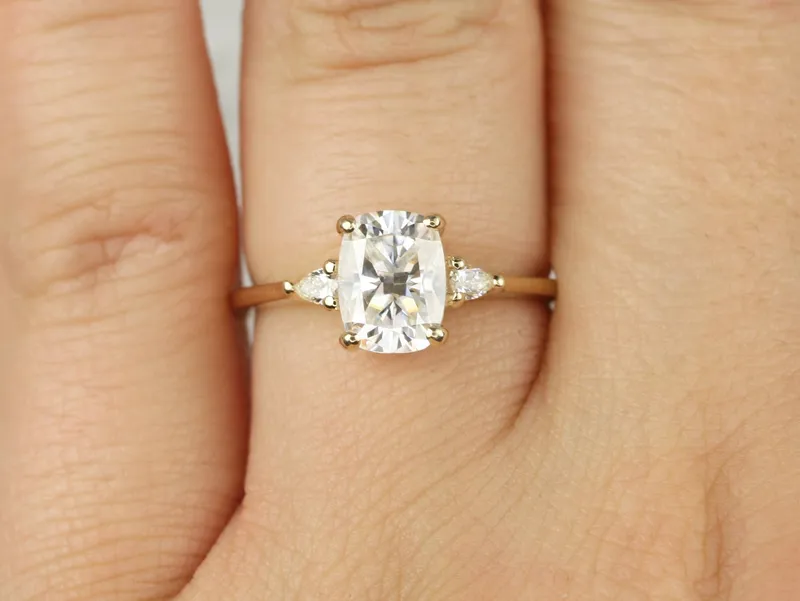 1.50cts Petite Ellis 8x6mm 14kt Solid Gold Moissanite Diamond Elongated Cushion 3 Stone Ring vy 5