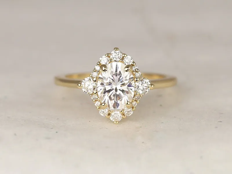 1.50cts Nola 8x6mm 14kt Gold Moissanite Diamonds 3 Stone Oval Halo Ring view 2