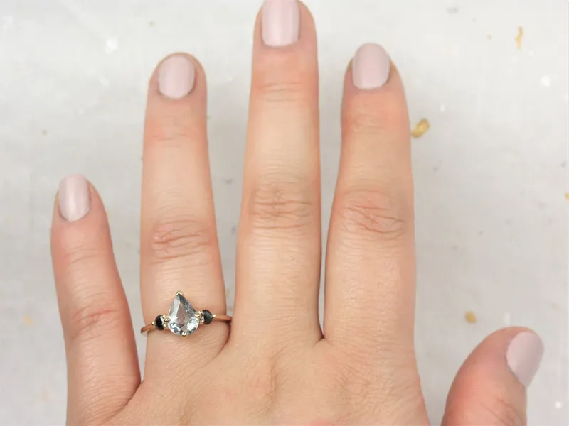 1.58ct Ready to Ship Petite Greta 14kt Gold Cornflower Blue Sapphire Black Diamond Pear Round 3 Stone Dainty Engagement Ring view 7