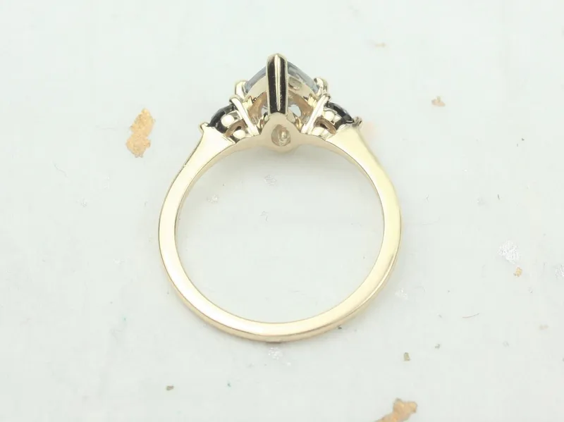 1.58ct Ready to Ship Petite Greta 14kt Gold Cornflower Blue Sapphire Black Diamond Pear Round 3 Stone Dainty Engagement Ring view 4
