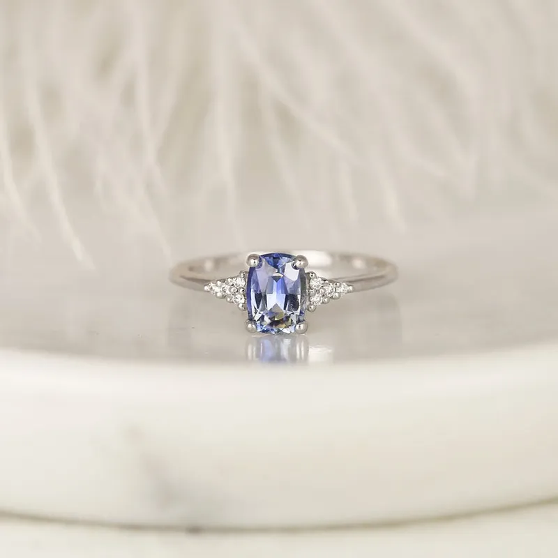 1.19ct Ready to Ship Marlow 14kt White Gold Cornflower Lavender Sapphire Diamond Dainty Elongated Cushion Cluster Ring vy 2