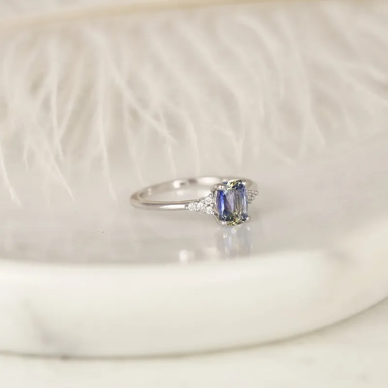 1.19ct Ready to Ship Marlow 14kt White Gold Cornflower Lavender Sapphire Diamond Dainty Elongated Cushion Cluster Ring diamond cushion cut engagement ring