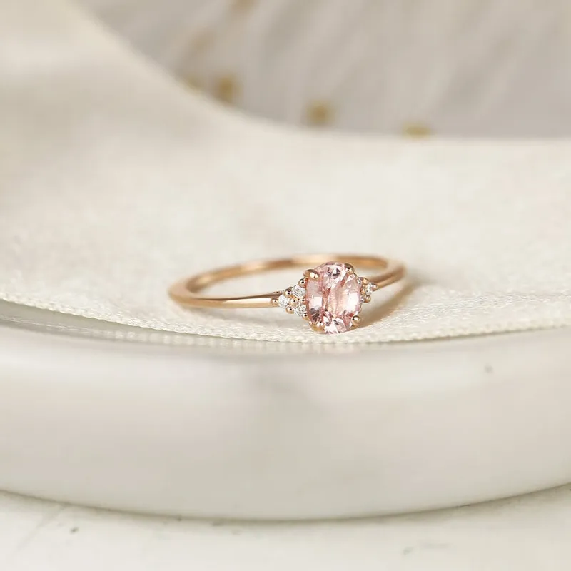 0.69ct Ready to Ship Juniper 14kt Rose Gold Peach Sapphire Diamond Dainty Oval Cluster Ring view 2