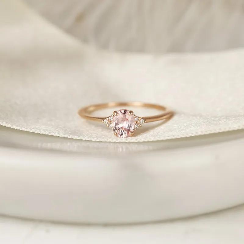 0.69ct Ready to Ship Juniper 14kt Rose Gold Peach Sapphire Diamond Dainty Oval Cluster Ring diamond oval cut engagement ring