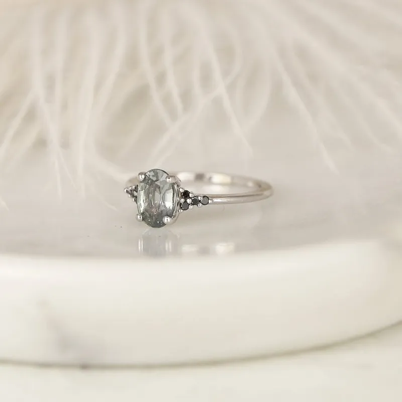 1.33ct Ready to Ship Maddy 14kt White Gold Cashmere Grey Sapphire Black Diamond Dainty Oval Cluster 3 Stone Ring vy 2