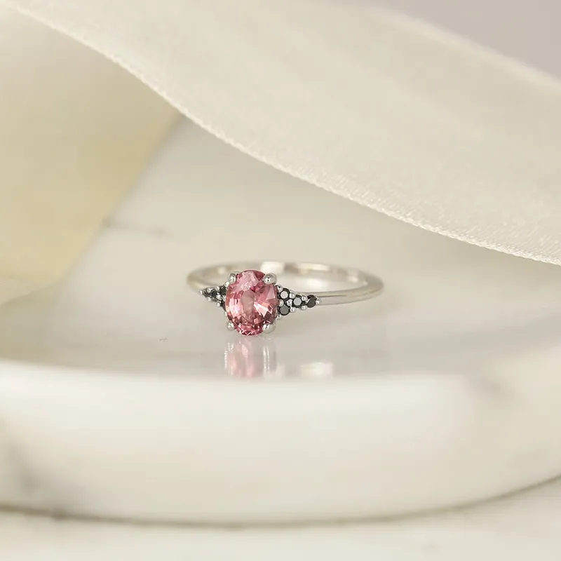 0.96ct Ready to Ship Maddy 14kt White Gold Padparadscha Raspberry Red Sapphire Black Diamond Cluster Ring peach diamond engagement ring