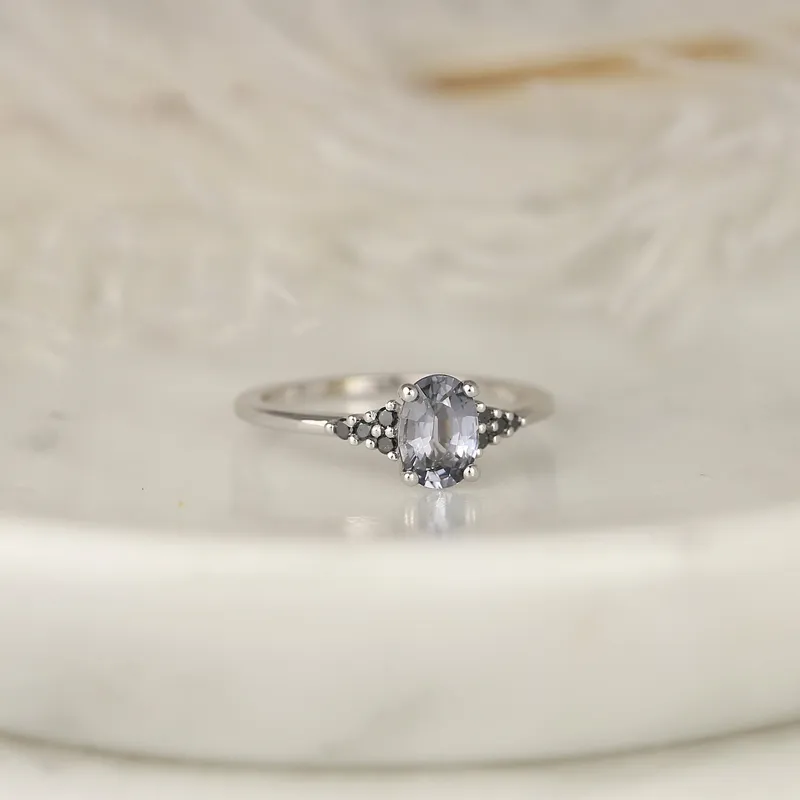 0.87ct Ready to Ship Maddy 14kt White Gold Chrome Purple Grey Spinel Black Diamond Dainty Oval Cluster Ring view 2