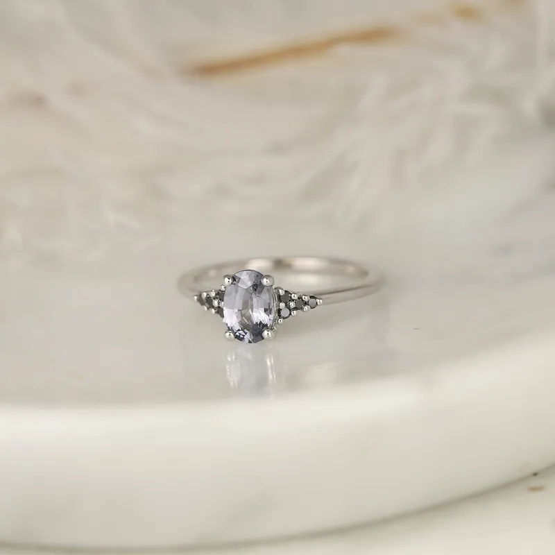 0.87ct Ready to Ship Maddy 14kt White Gold Chrome Purple Grey Spinel Black Diamond Dainty Oval Cluster Ring diamond oval cut engagement ring