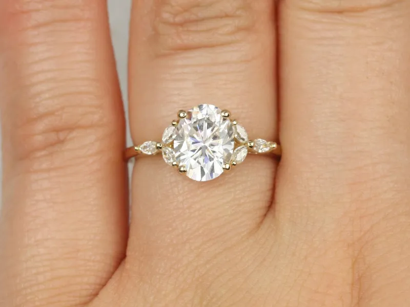 2ct Genesis 9x7mm 14kt Gold Moissanite Diamond Marquise Oval Cluster Ring vy 2