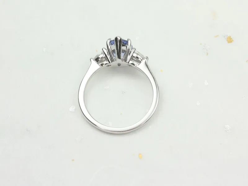 2cts Ready to Ship Essie 14kt White Gold Cornflower Lavender Sapphire Diamond Minimalist 3 Stone Dainty Pear Engagement Ring view 6