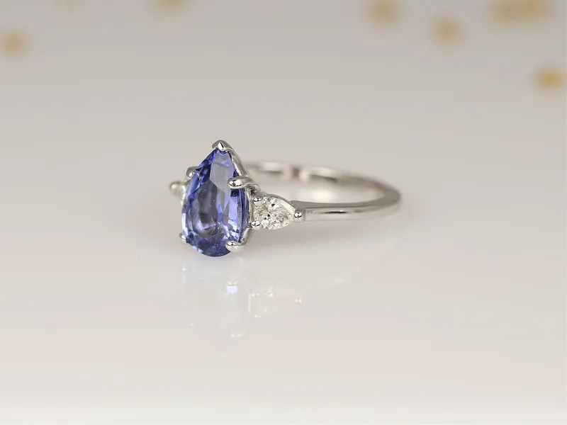 2cts Ready to Ship Essie 14kt White Gold Cornflower Lavender Sapphire Diamond Minimalist 3 Stone Dainty Pear Engagement Ring view 5