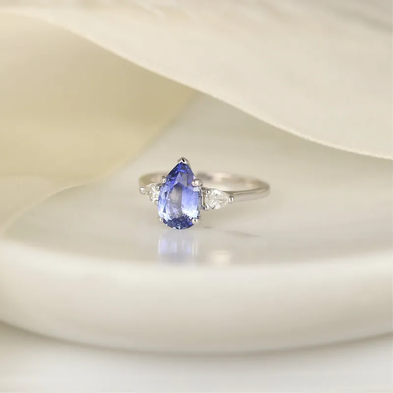 2cts Ready to Ship Essie 14kt White Gold Cornflower Lavender Sapphire Diamond Minimalist 3 Stone Dainty Pear Engagement Ring view 3