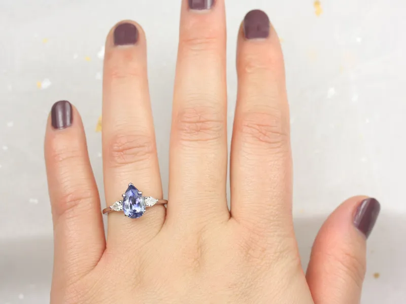 2cts Ready to Ship Essie 14kt White Gold Cornflower Lavender Sapphire Diamond Minimalist 3 Stone Dainty Pear Engagement Ring view 8