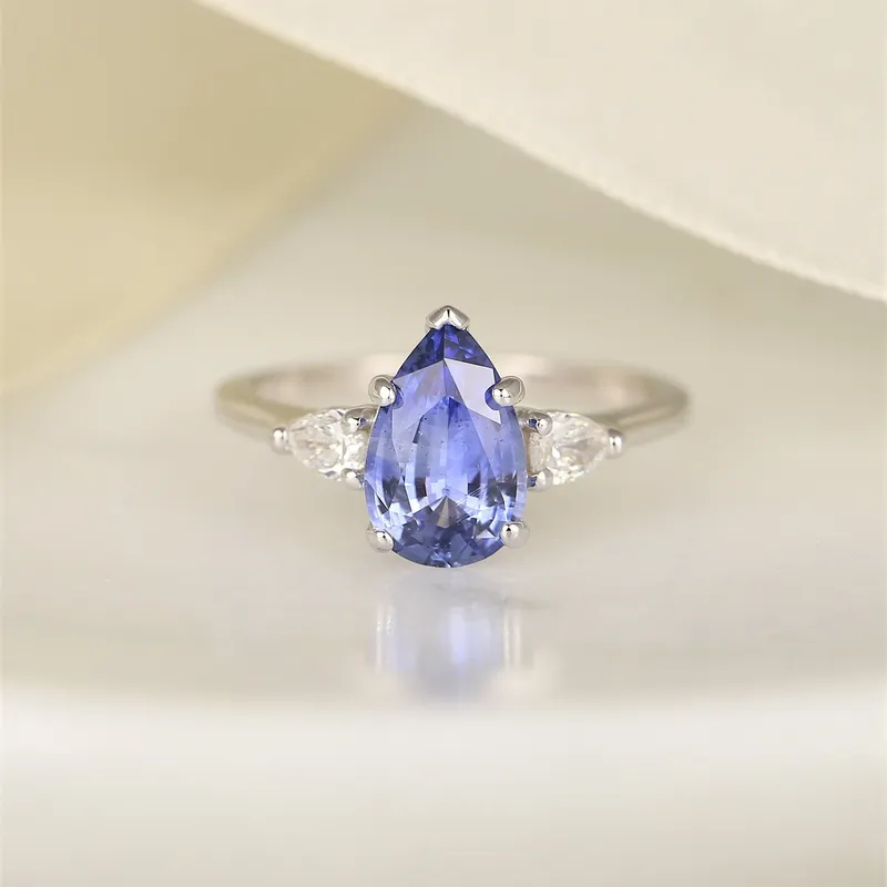 2cts Ready to Ship Essie 14kt White Gold Cornflower Lavender Sapphire Diamond Minimalist 3 Stone Dainty Pear Engagement Ring view 2