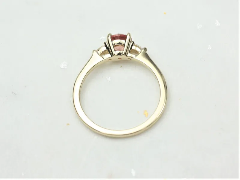 0.88ct Ready to Ship Petite Elise 14kt Gold Gumdrop Sorbet Peach Sapphire Diamond Minimalist 3 Stone Round Engagement Ring view 6