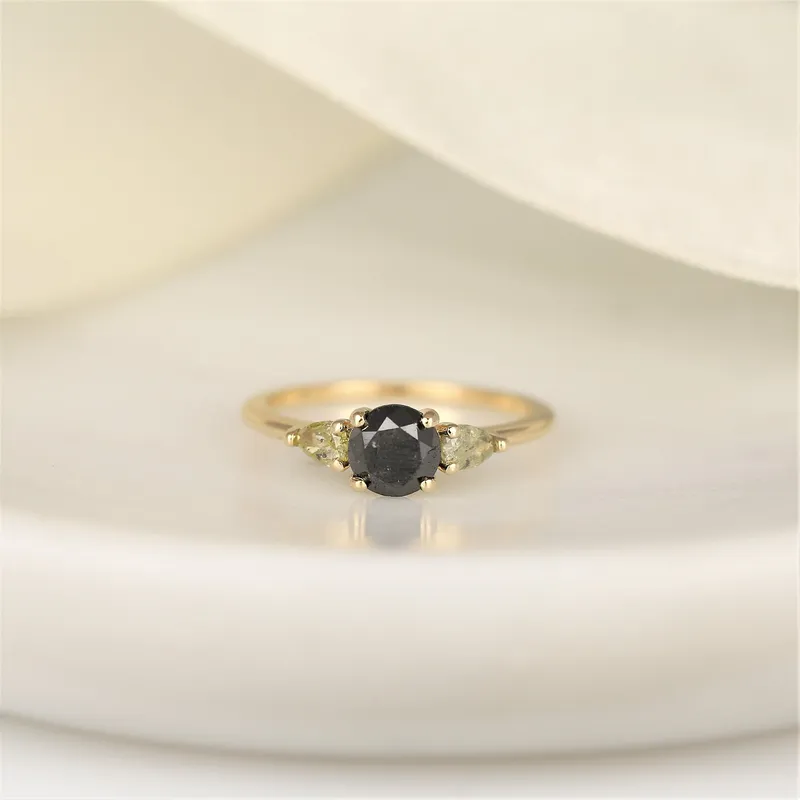 1.06ct Ready to Ship Elise 14kt Gold Black Diamond Unique 3 Stone Ring view 2