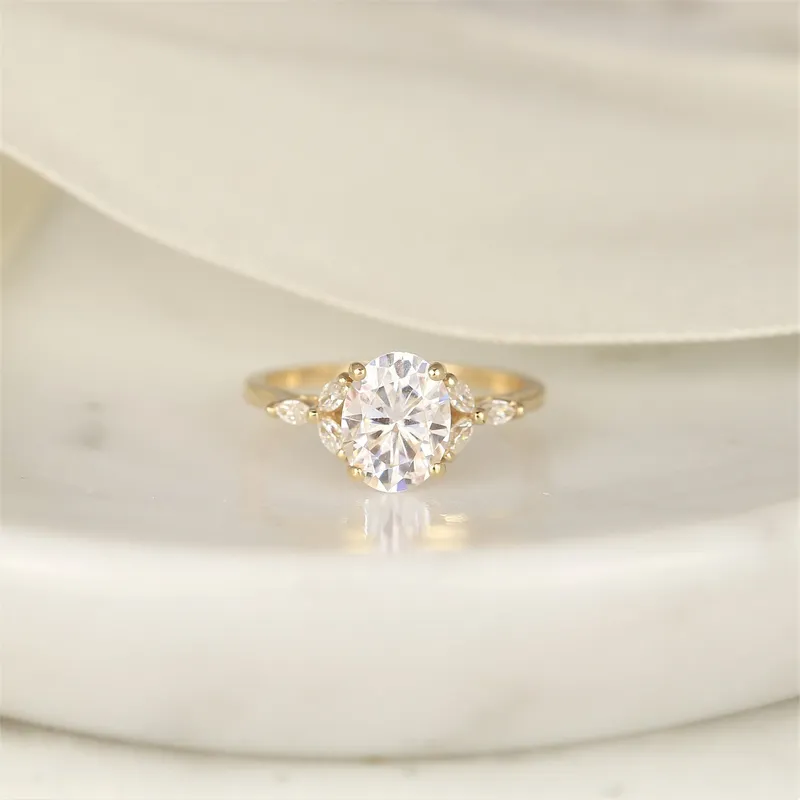 2ct Genesis 9x7mm 14kt Gold Moissanite Diamond Marquise Oval Cluster Ring vy 3