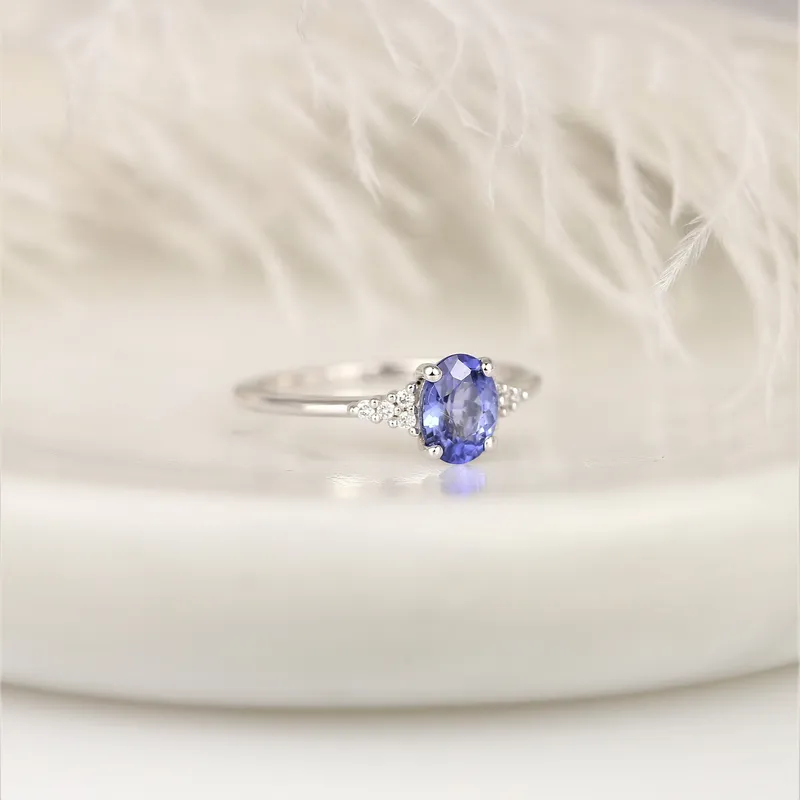 1.04ct Ready to Ship Maddy 14kt White Gold Rich Cornflower Lavender Sapphire Diamond Dainty Oval Cluster Ring vy 2