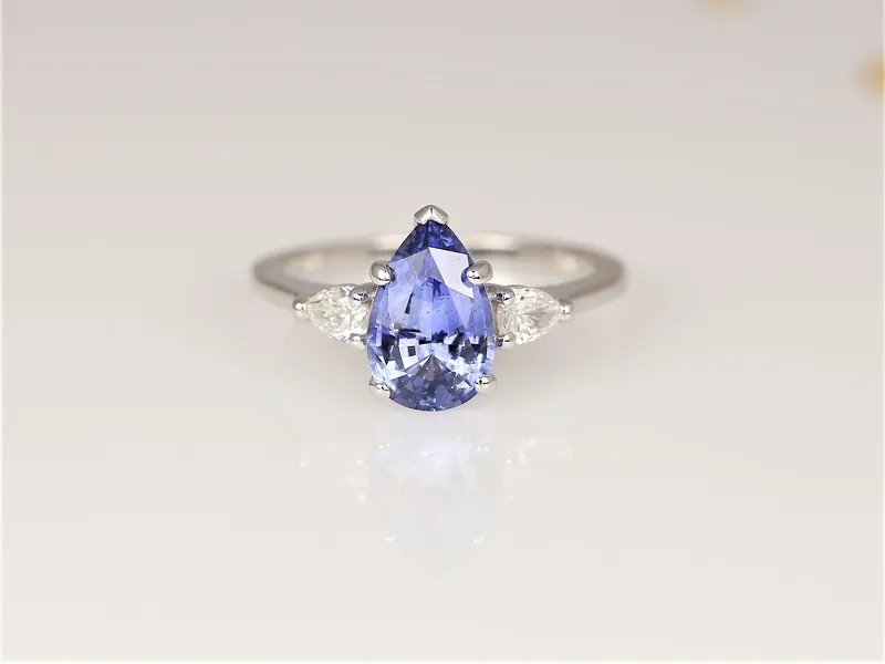 2cts Ready to Ship Essie 14kt White Gold Cornflower Lavender Sapphire Diamond Minimalist 3 Stone Dainty Pear Engagement Ring view 4