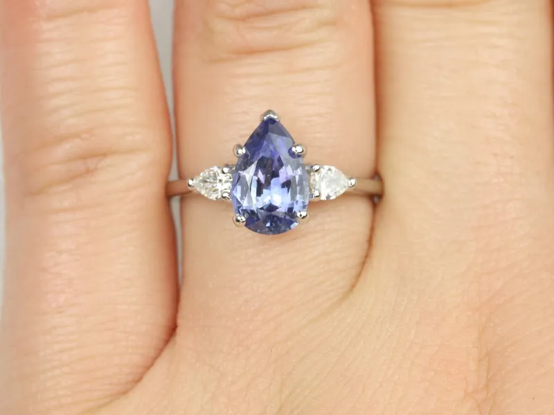 2cts Ready to Ship Essie 14kt White Gold Cornflower Lavender Sapphire Diamond Minimalist 3 Stone Dainty Pear Engagement Ring view 7