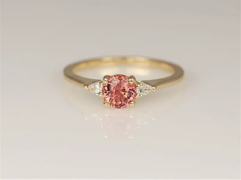 0.88ct Ready to Ship Petite Elise 14kt Gold Gumdrop Sorbet Peach Sapphire Diamond Minimalist 3 Stone Round Engagement Ring view 4