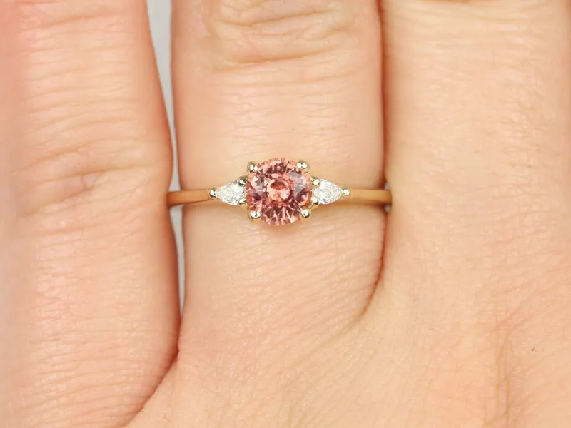 0.88ct Ready to Ship Petite Elise 14kt Gold Gumdrop Sorbet Peach Sapphire Diamond Minimalist 3 Stone Round Engagement Ring view 7
