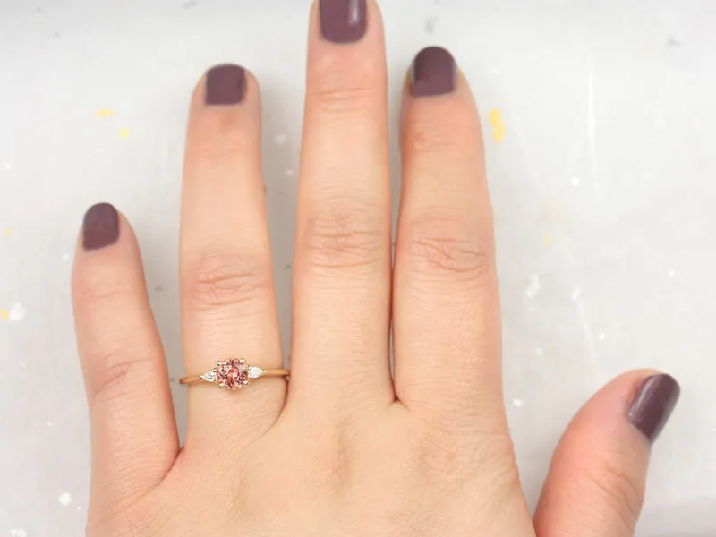 0.88ct Ready to Ship Petite Elise 14kt Gold Gumdrop Sorbet Peach Sapphire Diamond Minimalist 3 Stone Round Engagement Ring view 8