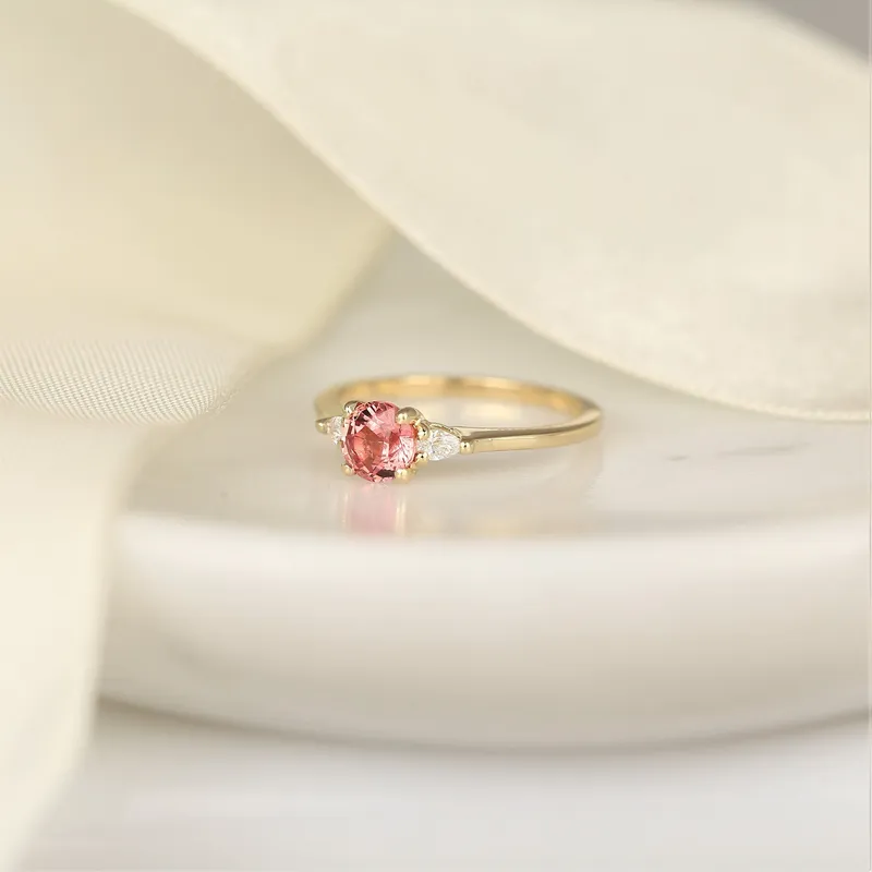 0.88ct Ready to Ship Petite Elise 14kt Gold Gumdrop Sorbet Peach Sapphire Diamond Minimalist 3 Stone Round Engagement Ring view 3