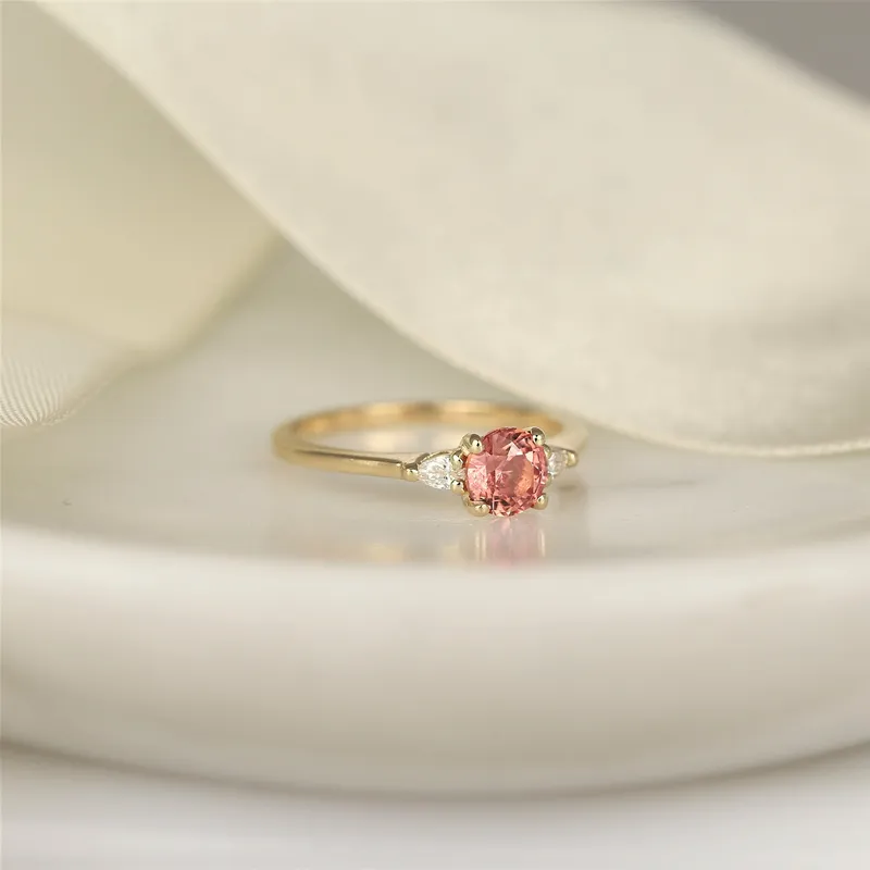 0.88ct Ready to Ship Petite Elise 14kt Gold Gumdrop Sorbet Peach Sapphire Diamond Minimalist 3 Stone Round Engagement Ring view 2