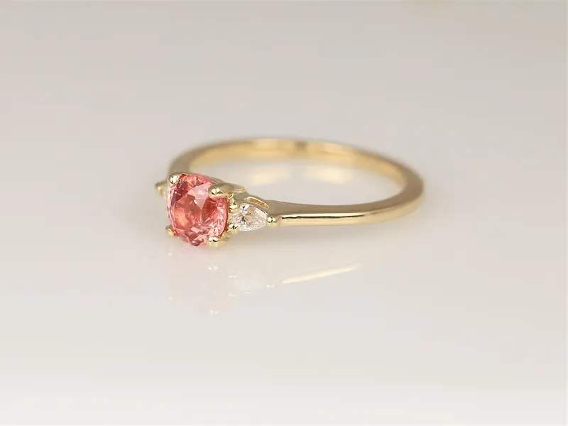 0.88ct Ready to Ship Petite Elise 14kt Gold Gumdrop Sorbet Peach Sapphire Diamond Minimalist 3 Stone Round Engagement Ring view 5