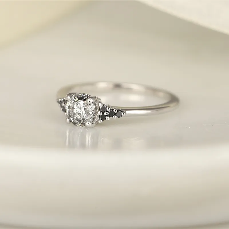 0.72ct Ready to Ship Malia 14kt White Gold Salt & Pepper Diamonds Dainty 3 Stone Cluster Ring round cut engagement ring