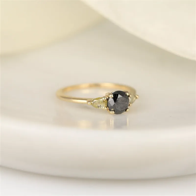 1.06ct Ready to Ship Elise 14kt Gold Black Diamond Unique 3 Stone Ring diamond round cut engagement ring
